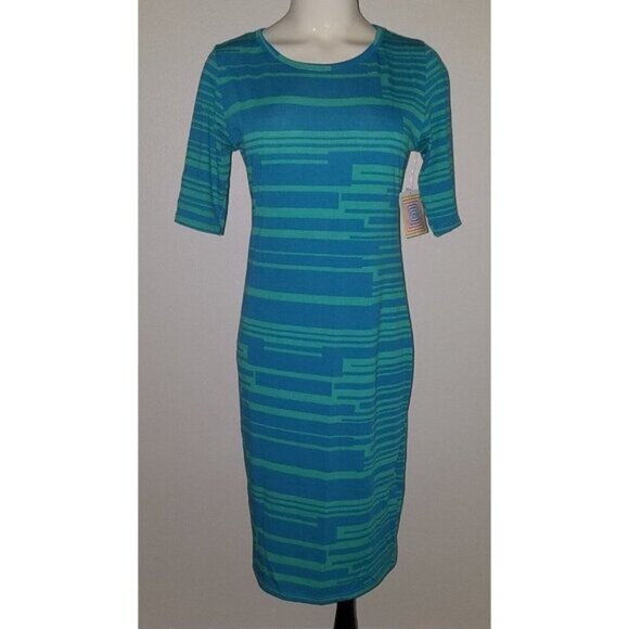NEW LulaRoe Julia Dress Size Small Blue Green-ish Stripes Horizontal (flaw) - Picture 1 of 11